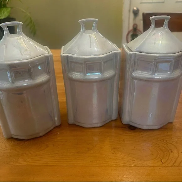 Vintage White Lusterware Germany Canister Set of Three Rice Tea Coffee - Picture 10 of 13